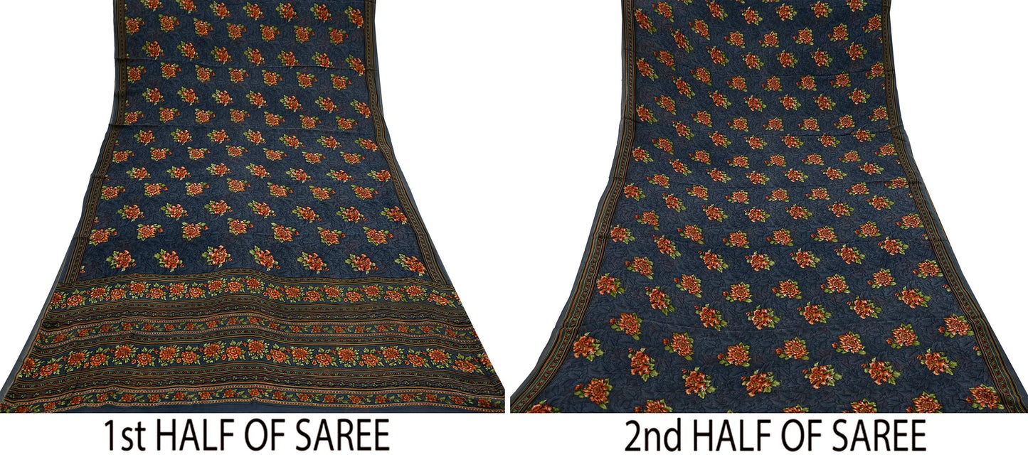 Women Vintage Sari Gray Pure Georgette Silk Printed Saree Craft Fabric Sewing 5Yard Soft Light Dress Making Floral