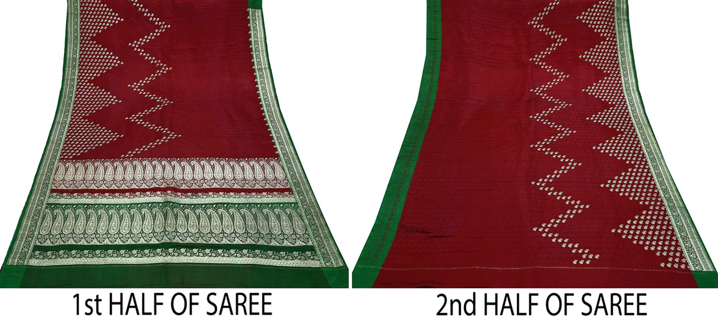 Vintage Banarasi Saree Pure Satin Silk Woven Brocade Zari Fabric Maroon & Green Heavy Craft Sari 5 Yards Indian Antique Textile Dress Making