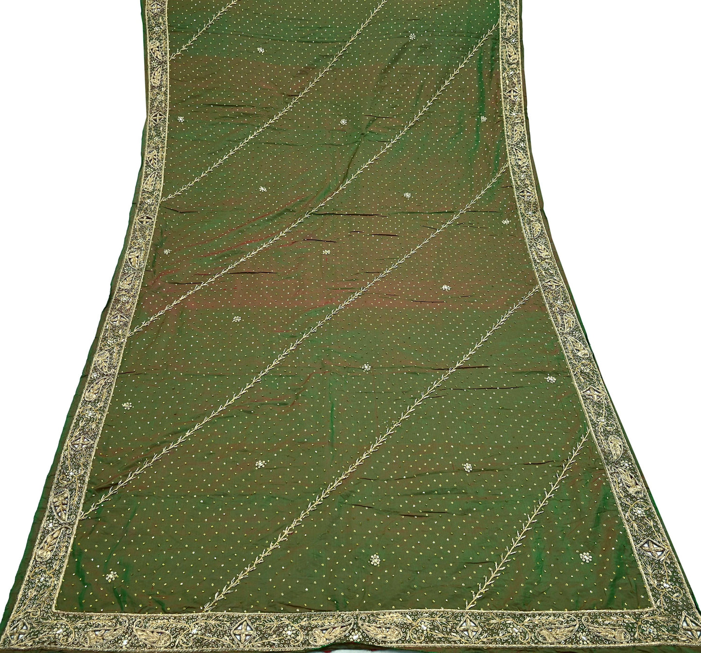 Indian Vintage Green Dupatta Pure Silk Long Stole Hand Embroidered Scarves Floral Design Stole Veil Wrap Sequins