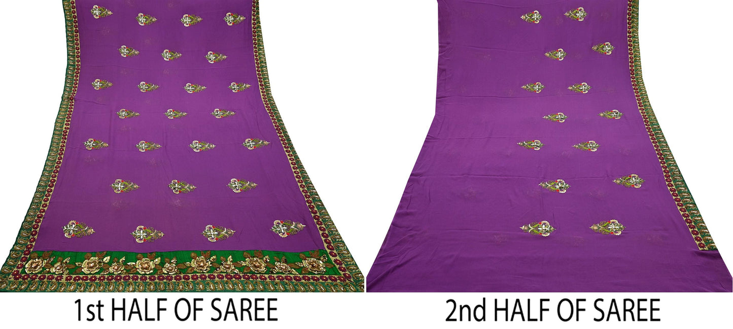 Indian Vintage Heavy Sari Purple Pure Georgette Silk Hand Embroidered Sarees Craft Fabric 5Yd Sewing Ethnic Bollywood saree Zardozi Mukesh