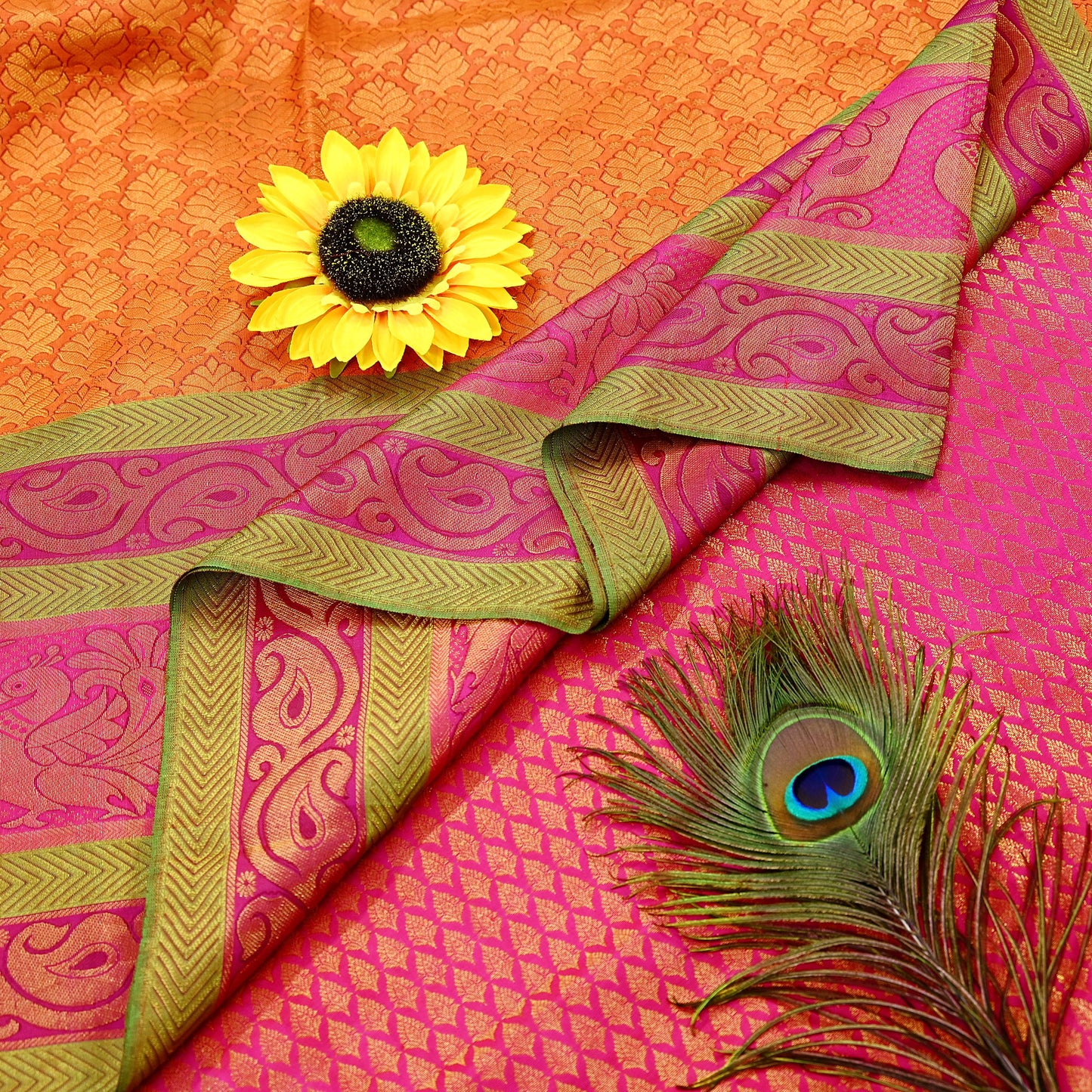 Indian Vintage Heavy Rani Pink Hand woven Kanjivaram Saree 100% Pure Silk Sari Metallic Golden Zari 5Yd Floral Crafting Dress making Fringes