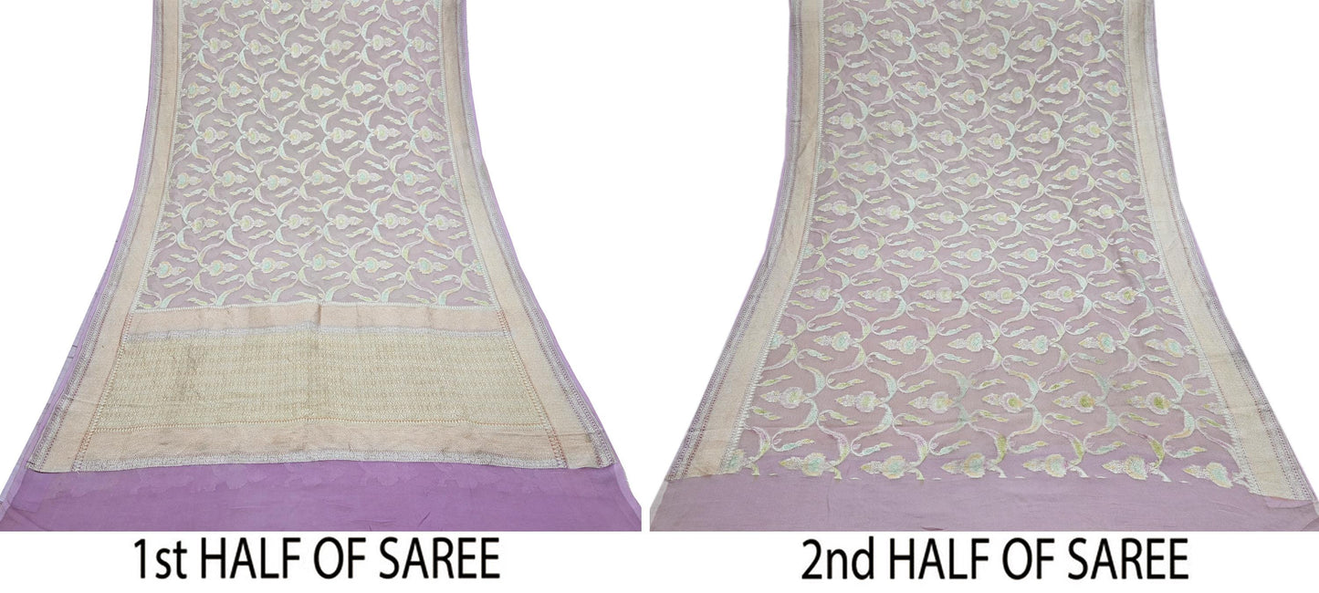 Vintage Heavy Purple Sarees Pure Georgette Silk Hand Woven Sari Craft Fabric 5Yd Sewing Soft Ethnic Zari Dress Making Wedding Sari