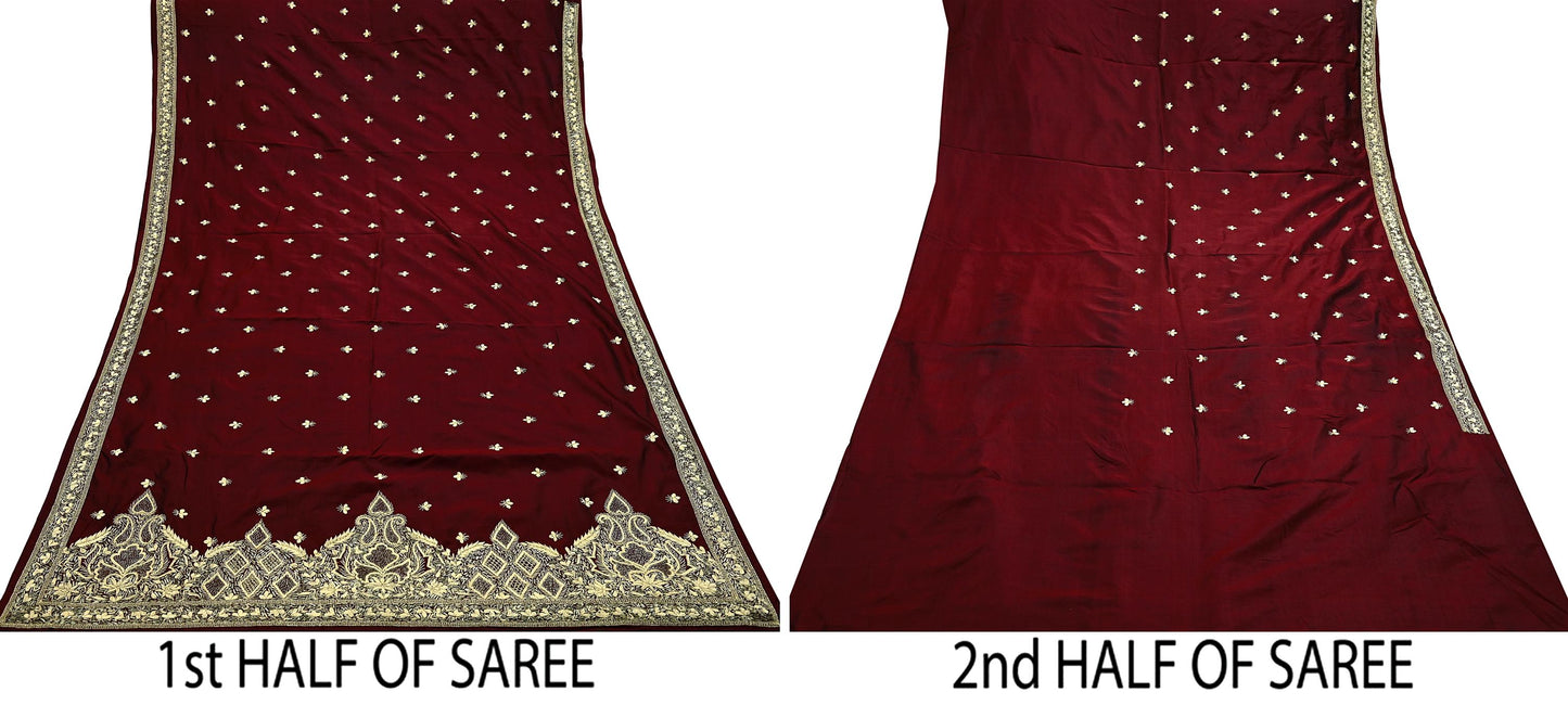 Indian Vintage Heavy Sarees Maroon Pure Silk Hand Embroidered Sari Fabric 5Yd Sewing Ethnic Zardozi/dabka zari Wedding sarees