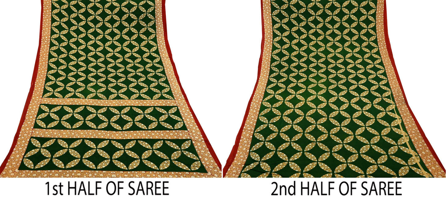 Indian Vintage Sari Green Printed Pure Cotton Sarees Fabric Floral 5Yd Sarong Wrap Boho Fabric Kimono Soft Dress making Crafting Upcycle