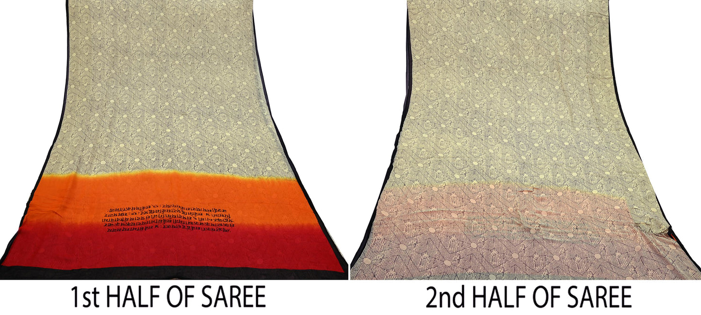 Indian Vintage Beige Sari 100% Pure Georgette Silk Printed Sarees Sewing 6yd Craft Soft Dress Designing for Crafting Abstract