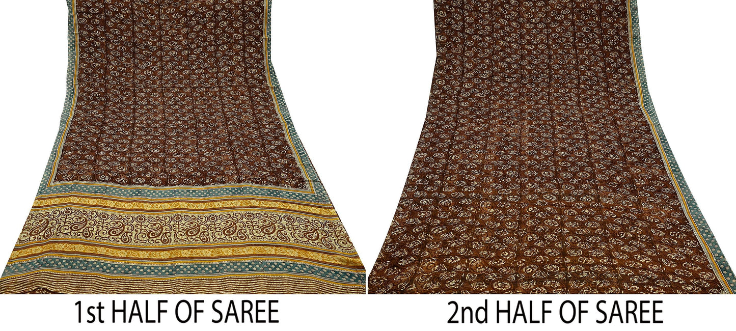 Indian Vintage Sari Brown 100% Pure Georgette Silk Block Printed Sarees Sewing 5yd Craft Soft Dress Designing for Crafting Abstract