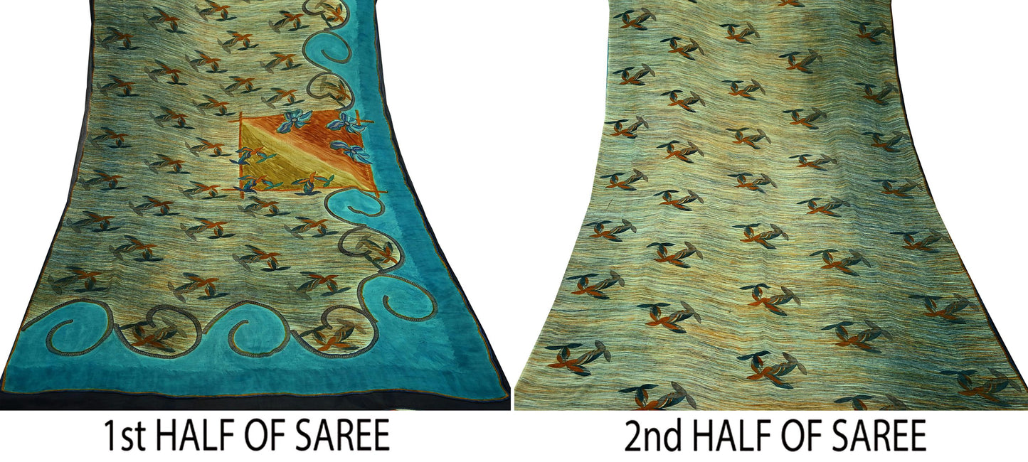 Indian Vintage Sari 100% Pure Georgette Silk Block Printed Sarees Sewing 5yd Craft Soft Dress Designing for Crafting Abstract