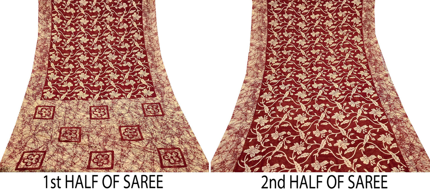 Indian Vintage Sari Beige & maroon Batik Printed Saree 100% Pure Cotton 5Yd Craft Fabric Soft Sewing Sarong Wrap Boho Quilting Dress Making