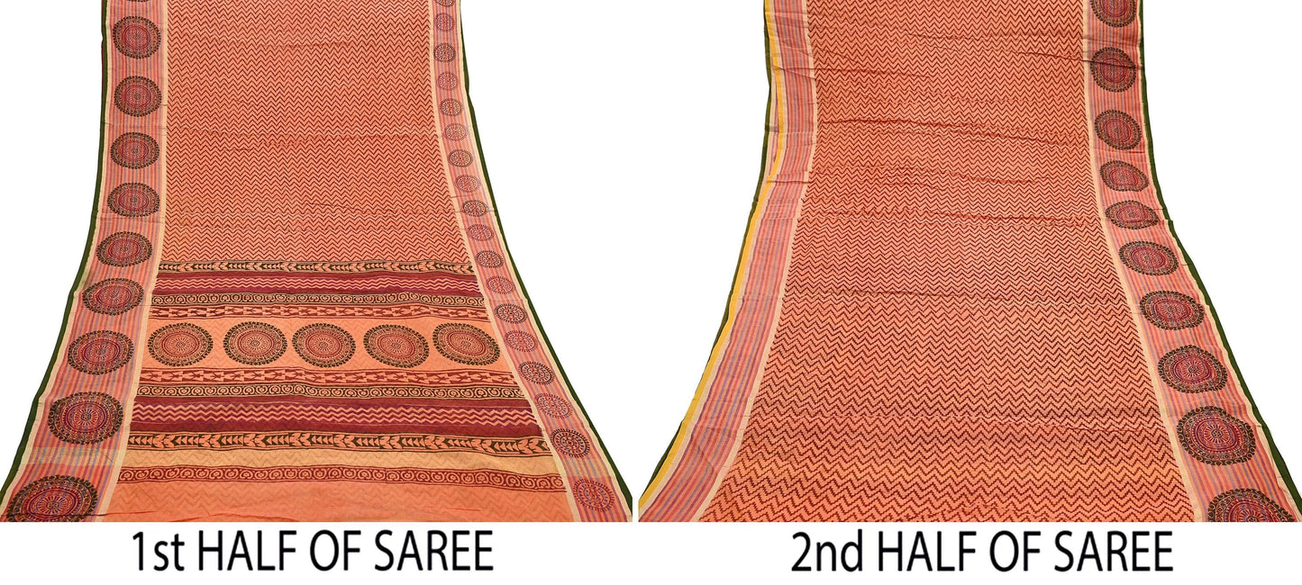 Indian Vintage Sari Peach Printed Chanderi Cotton Craft Fabric 5Yd Sewing Zigzag Soft Dress Making Bollywood sarees Crafting Zari