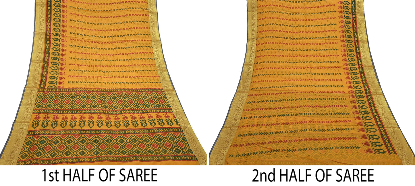 Indian Vintage Sari Saffron Printed Cotton Saree Craft Fabric 5Yd Sewing Sarong Wrap Boho Floral Dress making Crafting
