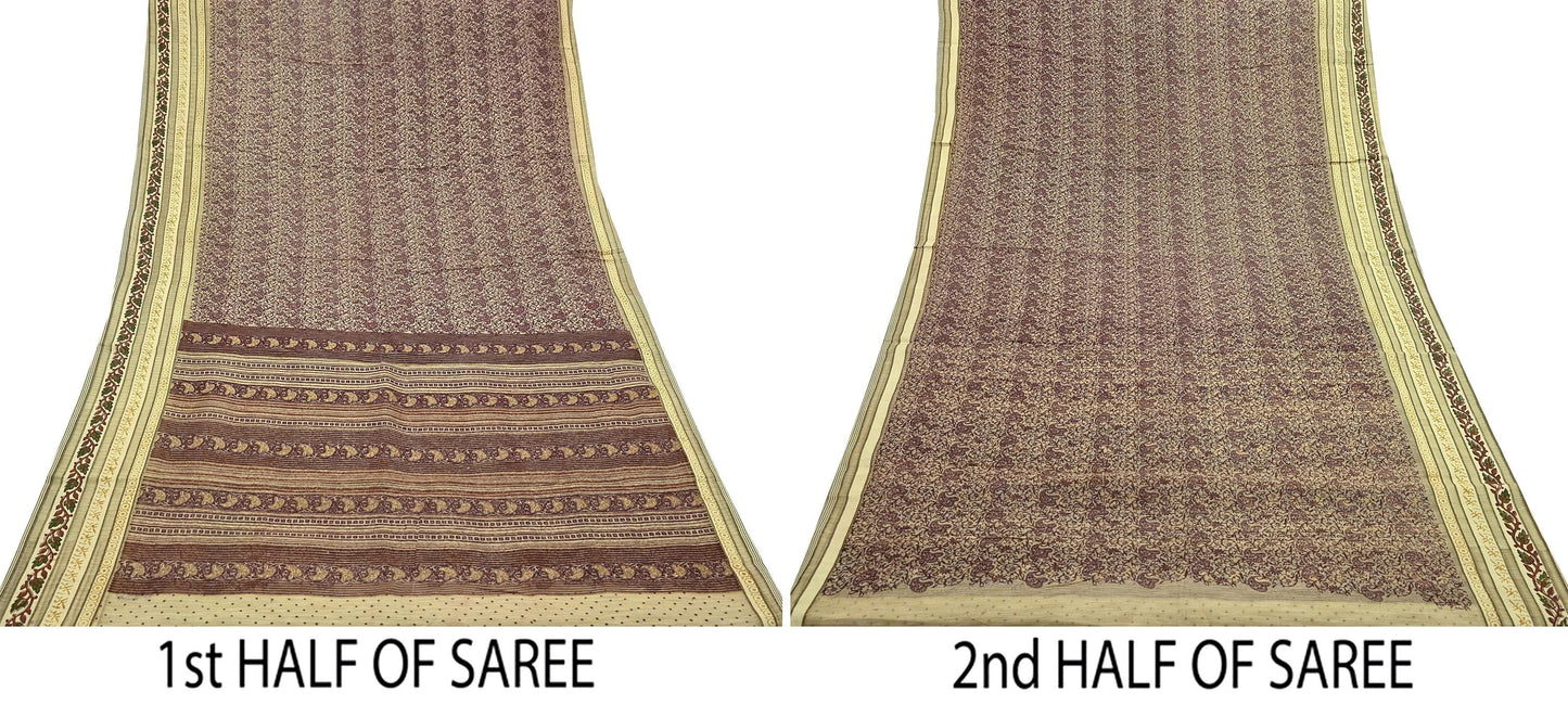 Vintage Sari Beige Pure Silk Printed Saree Fabric 5yard Sewing Soft Dress Designing for Crafting Quilting Upcycle Soft Border