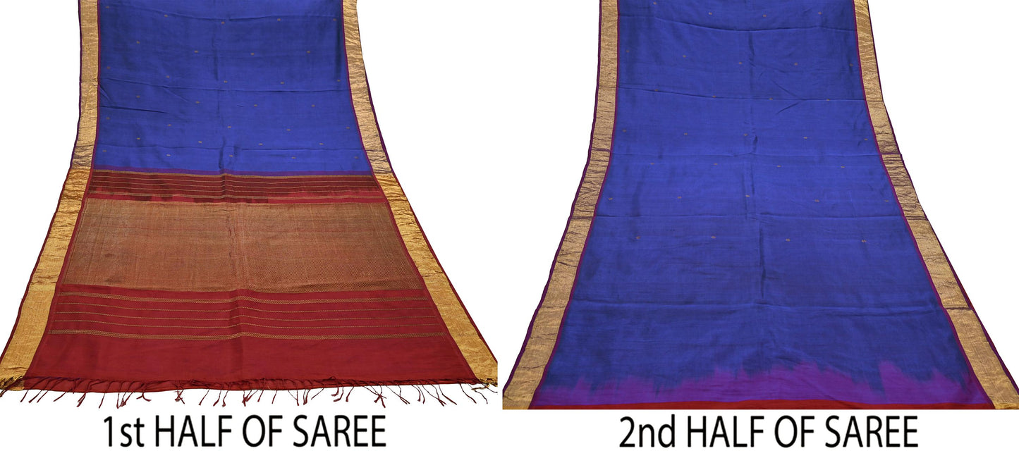 Indian Vintage Blue & Maroon Hand Woven kanjivaram Saree 100% Pure Silk Sari Craft Fabric Zari 5Yard Floral Dress making Crafting Quilting