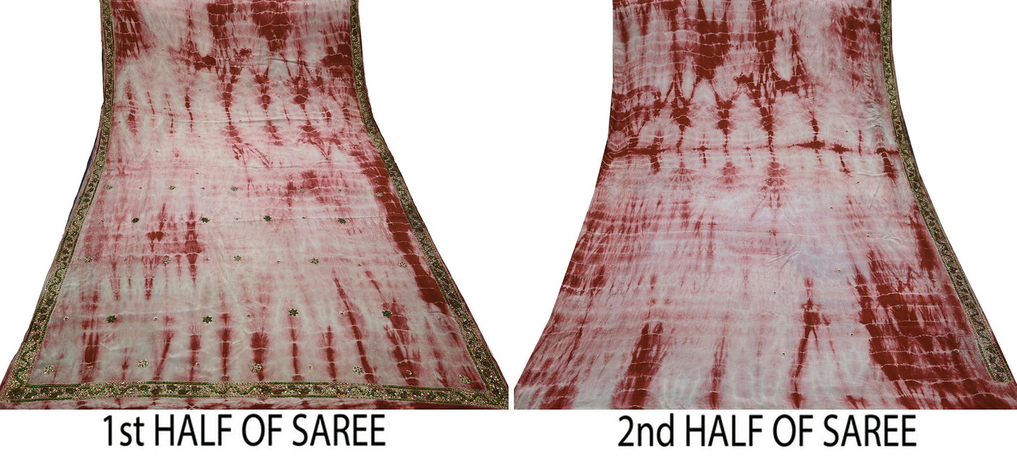 Indian Vintage Saree Pure Crepe Silk Hand Embroidered Tie-Dye Sari Fabric 5yard Sewing Craft Fabric Ethnic Dressmaking Crafting Zardozi Zari