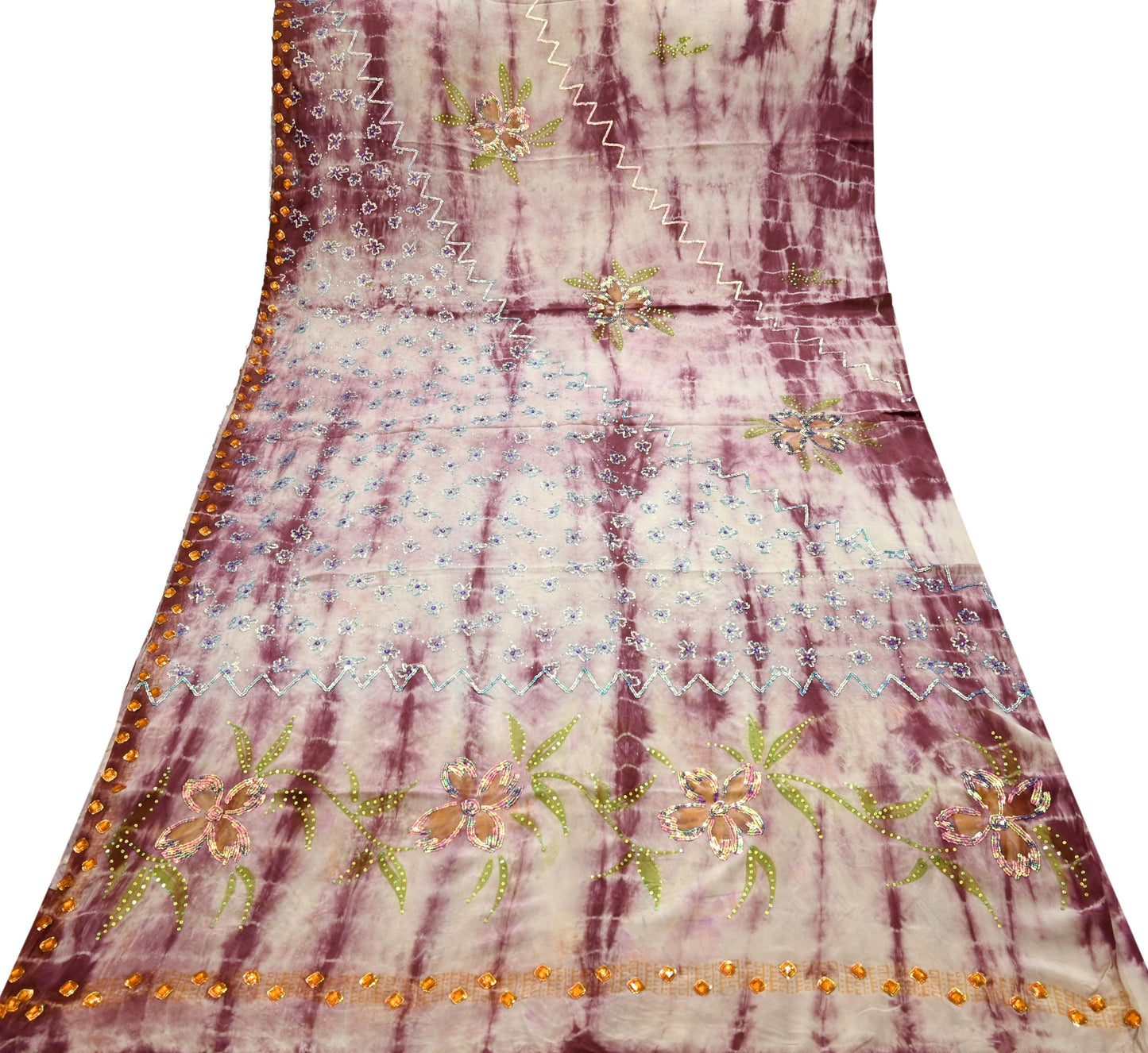 Indian Vintage Saree Pure Crepe Silk Hand Embroidered Tie-Dye Sari Fabric 5yard Sewing Craft Fabric Ethnic Dressmaking Crafting Zardozi Zari