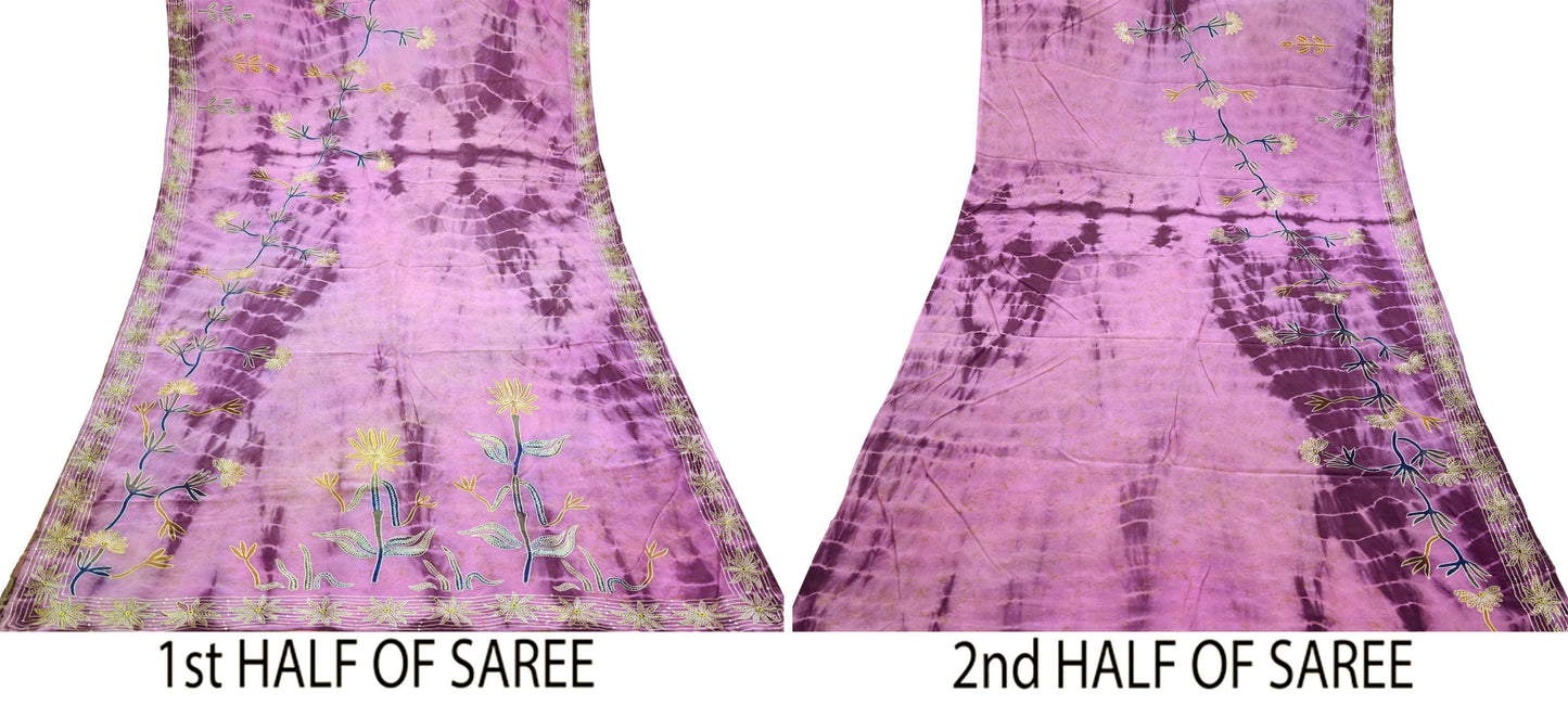 Indian Vintage Sari Pure Crepe Silk Hand Embroidered Sarees 5yd Sewing Craft Fabric Ethnic Wrap Upcycle Quilting Crafting Dress Making