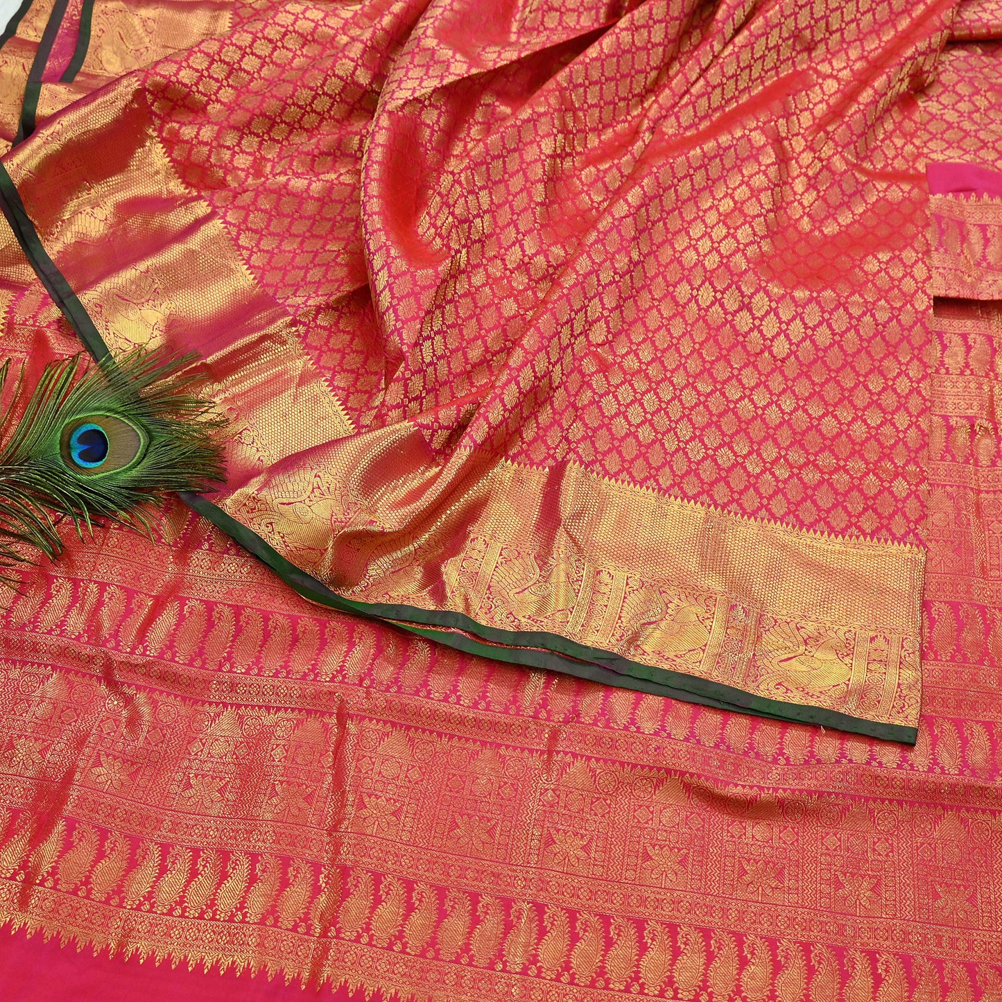 Indian Vintage Heavy Rani Pink Hand woven Kanjivaram Saree 100% Pure Silk Sari Metallic Golden Zari 5Yd Floral Crafting Dress making Fringes