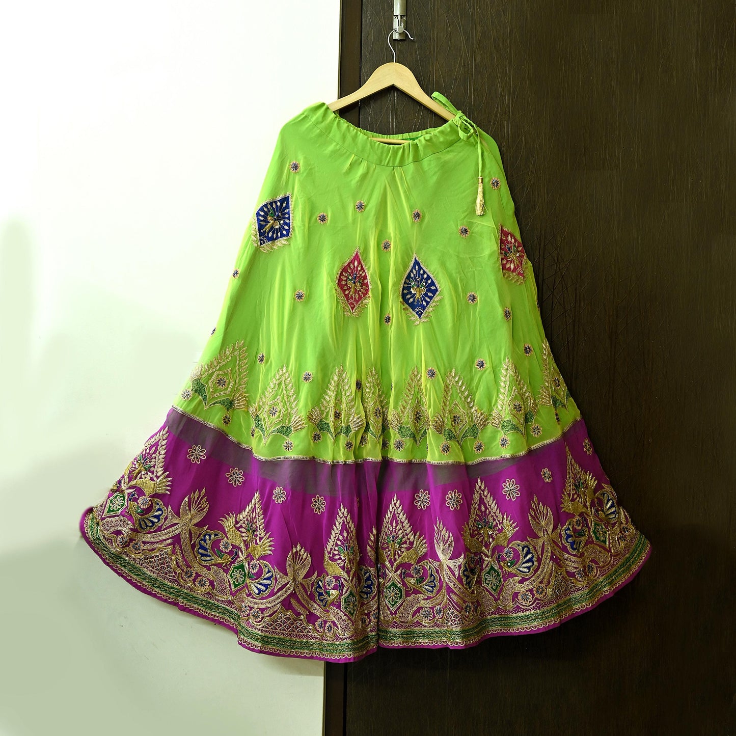 Indian Vintage Magenta & Green American Georgette Hand Embroidered Rajputi Phoshak Lehenga/Dupatta 2pcs Set Bridal Party Wear Peacock Design