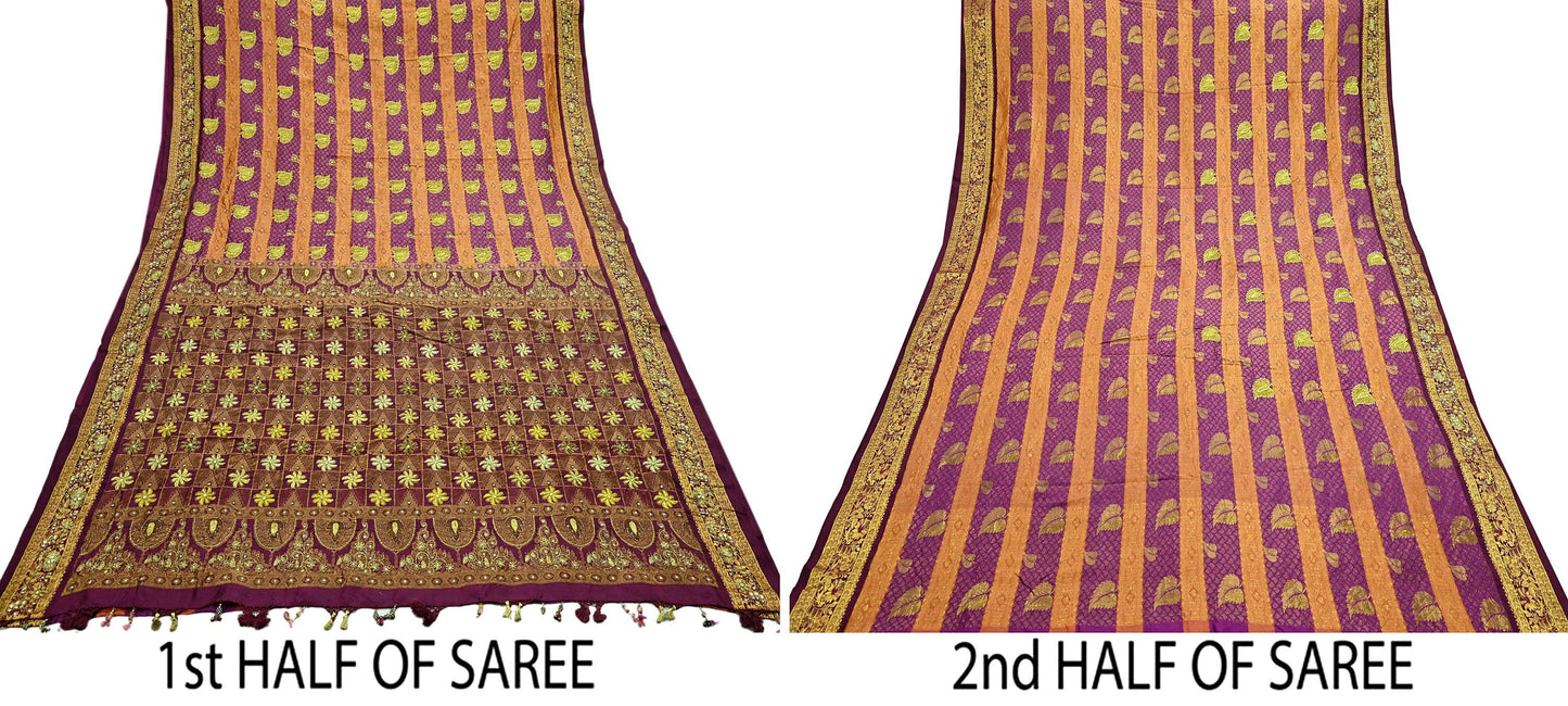 Indian Vintage Heavy Hand woven Kanjivaram Saree 100% Pure Silk Sari Metallic Golden Zari 5Yd Floral Crafting Dress making Fringes