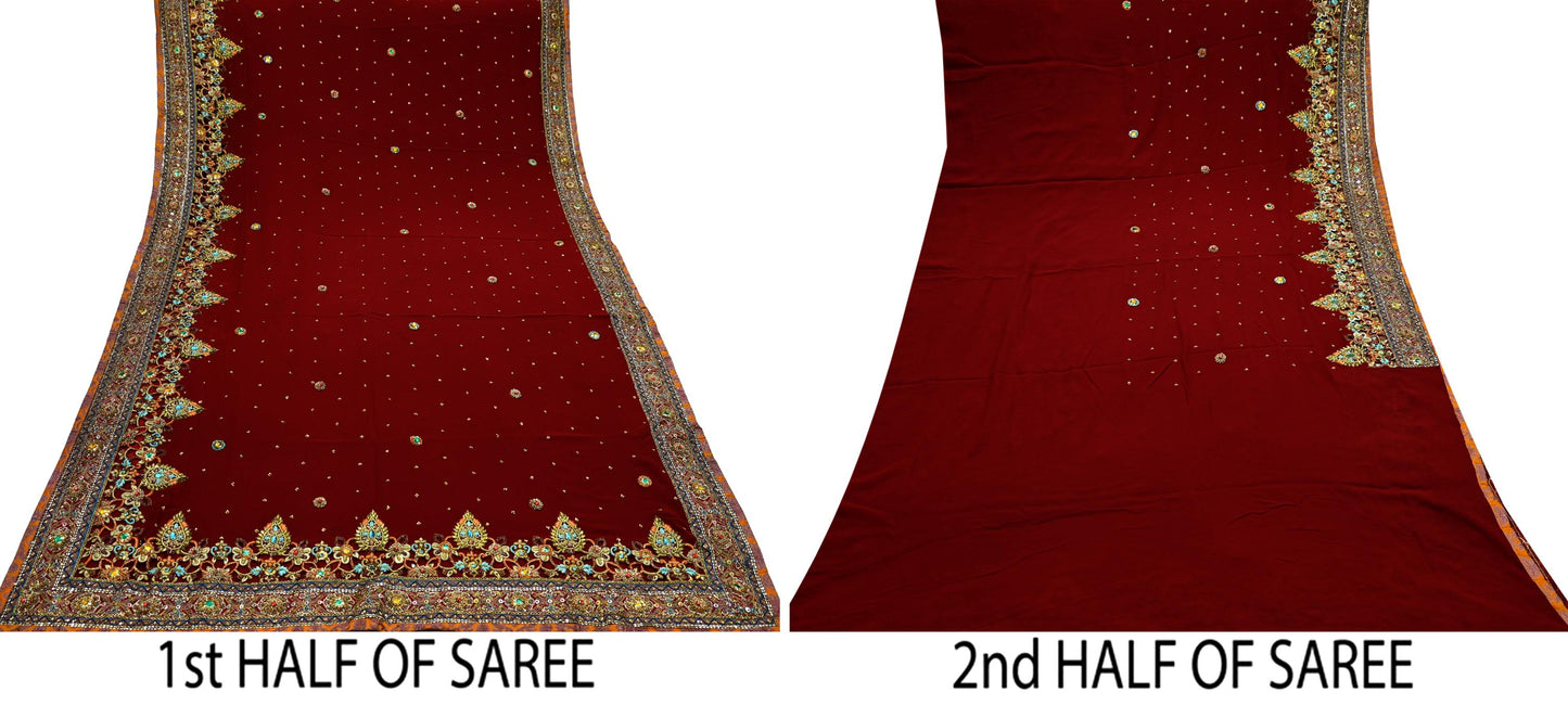 Indian Pre-owned Sari Maroon Pure Georgette Silk Hand Embroidered Anamika Khanna Designer Sarees Ethnic 6Yd Sewing Zardozi Wedding Sarees
