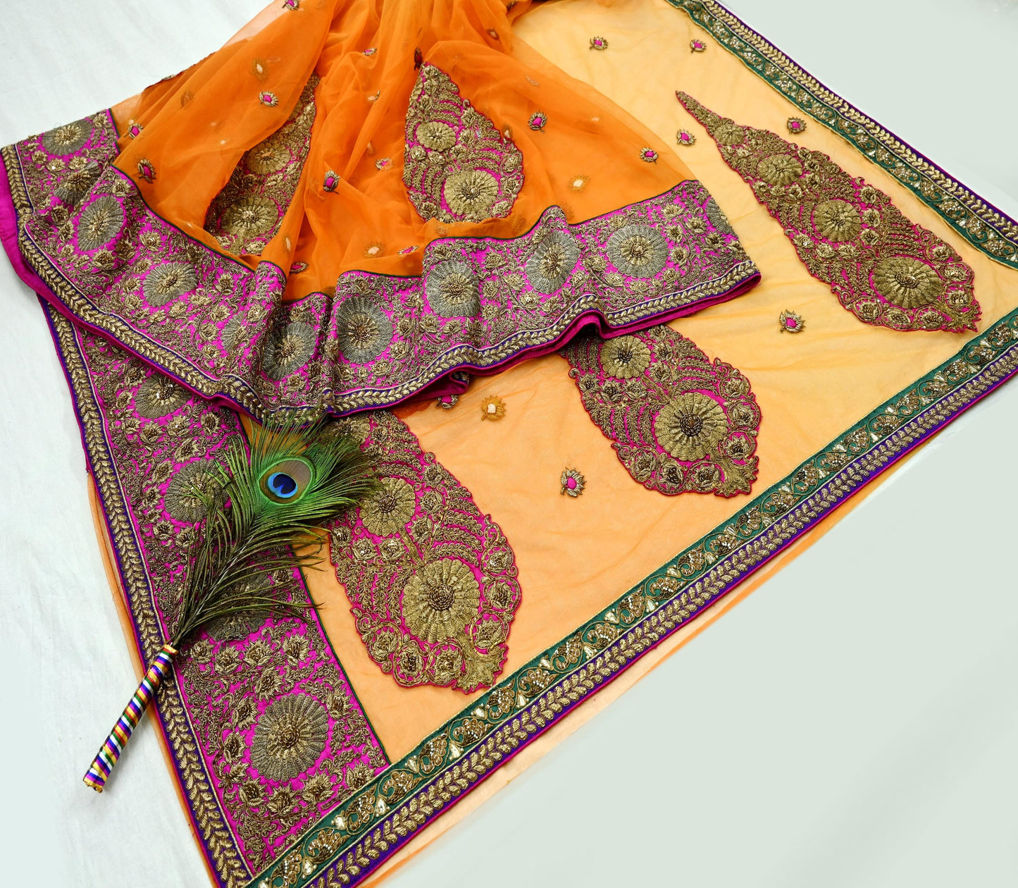 Indian Pre-owned Saree Orange Mesh/Net Hand Embroidered Sabyasachi Designer Sari 6Yd Soft Ethnic Bollywood Party saree