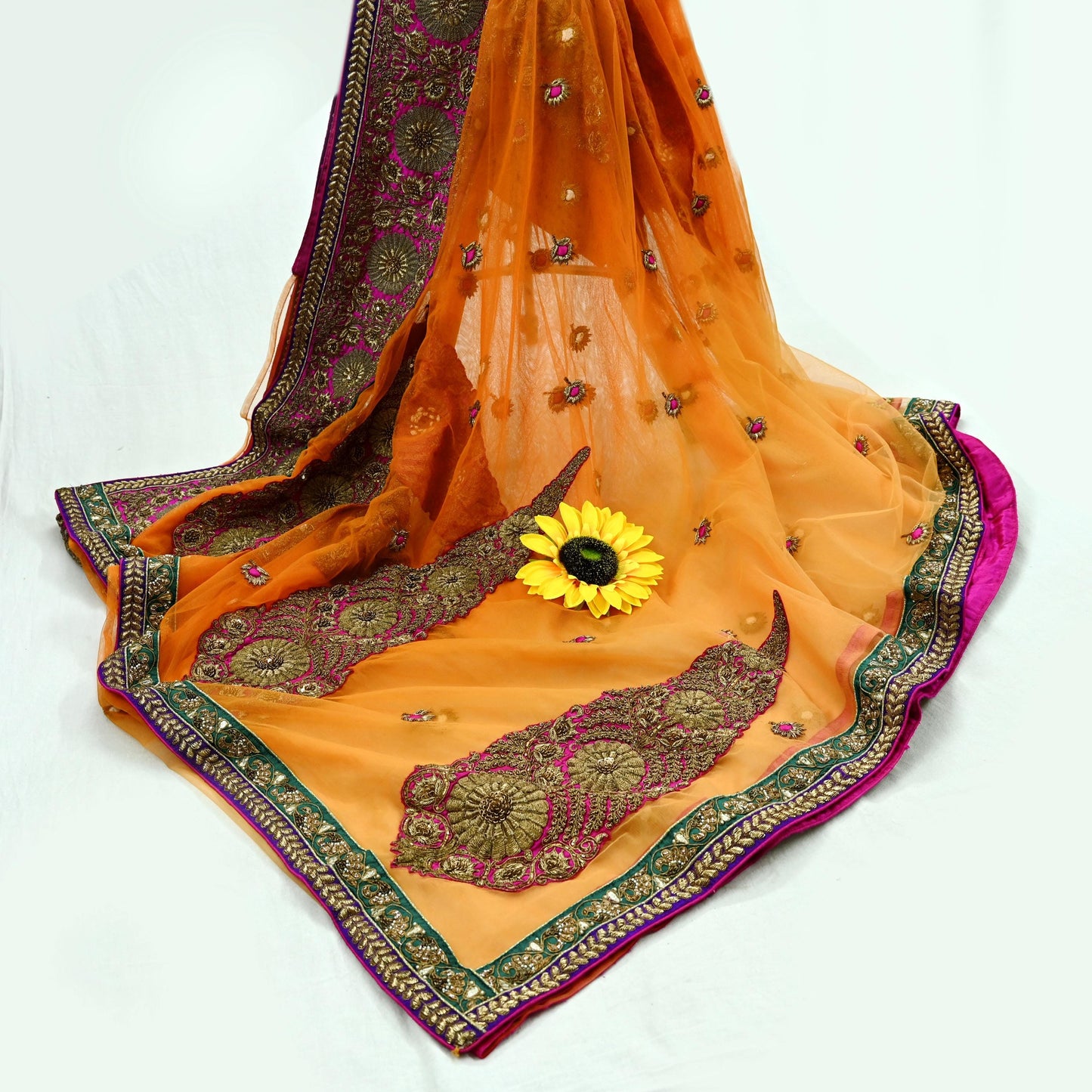 Indian Pre-owned Saree Orange Mesh/Net Hand Embroidered Sabyasachi Designer Sari 6Yd Soft Ethnic Bollywood Party saree