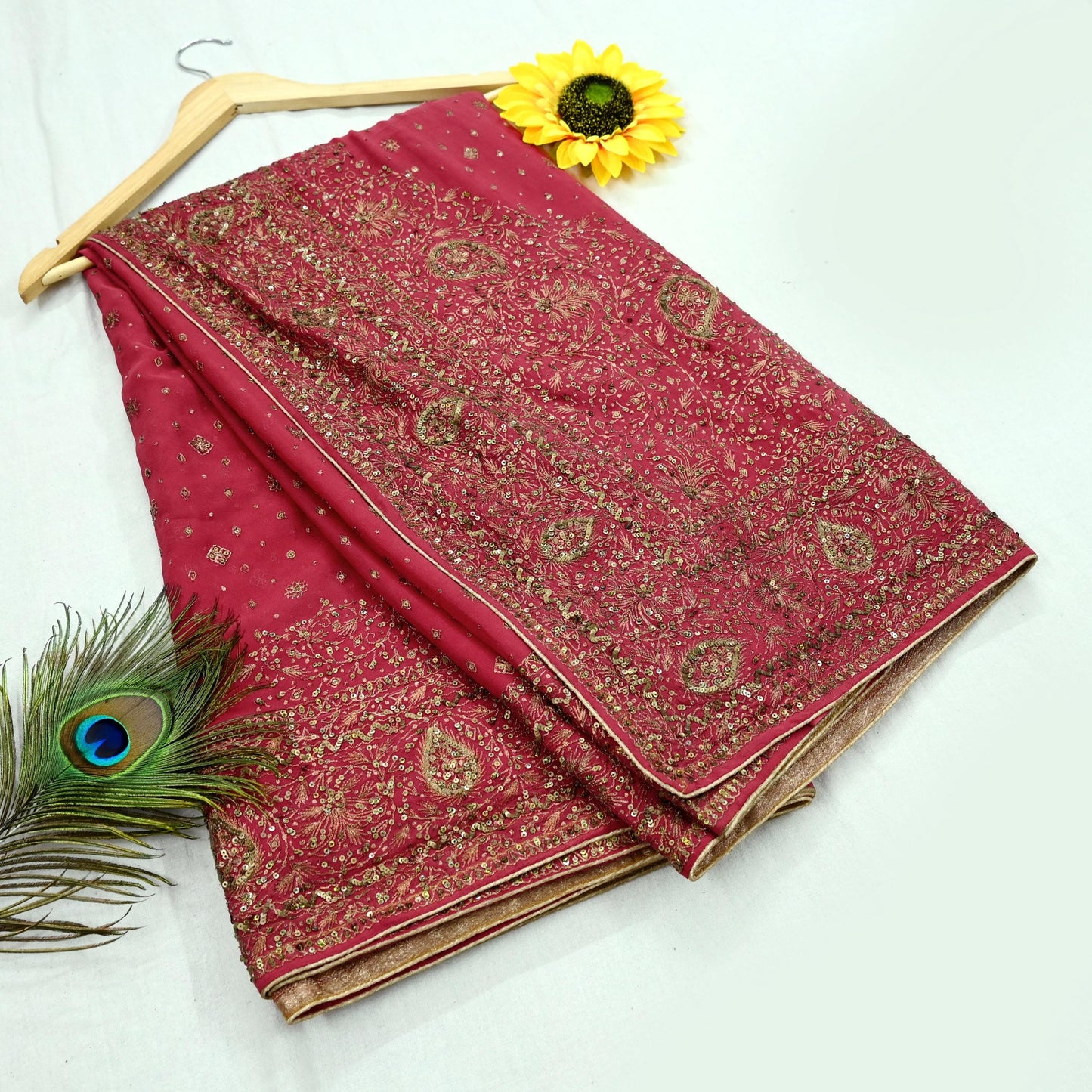 Indian Vintage Pink Sarees Pure Georgette Silk Pre-owned Hand Beaded Ritu Kumar Designer Sari 5Yd Soft Ethnic Bollywood Party sarees