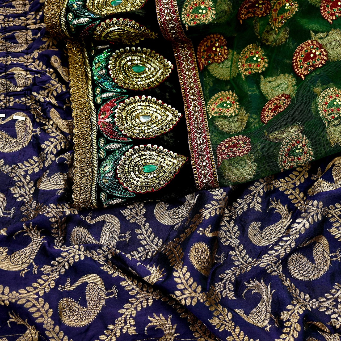 Indian Pre-Owned Sari Purple & Green Net/Mesh Hand Embroidered Brocade Designer Manish Malhotra Lehenga Sarees Ethnic Zardozi Peacock