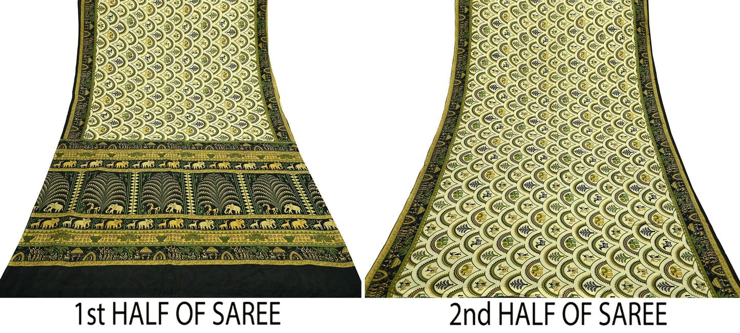 Indian Vintage Sari Beige & Black Pure Silk Warli Printed Saree Craft Fabric 5Yd Dress making Sewing Dress making For Crafting Quilting