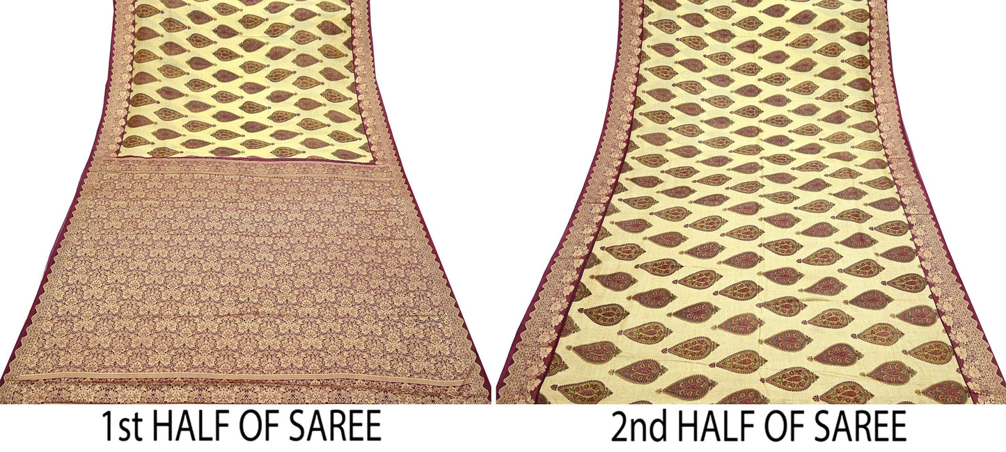 Vintage Sari Beige Pure Silk Hand Woven Printed Saree Fabric 5yard Sewing Soft Dress Designing for Crafting Quilting Upcycle Soft Border