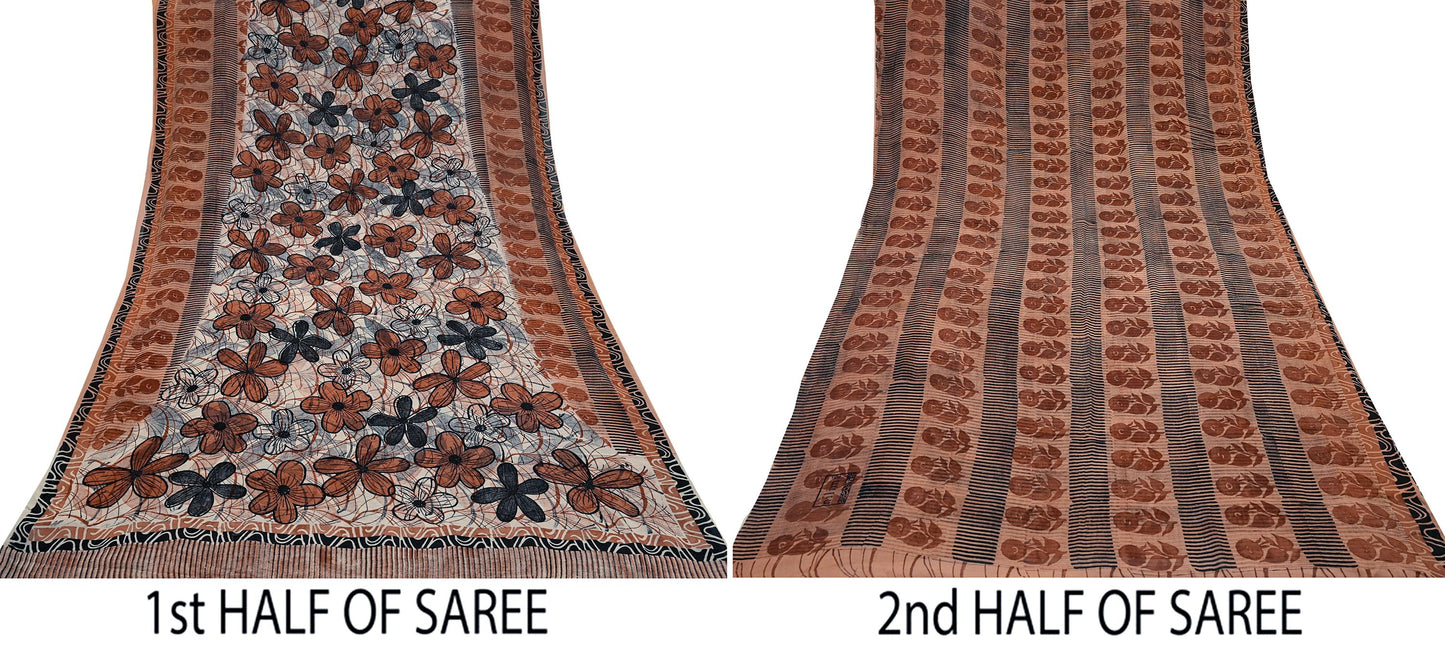 Indian Vintage Sari Peach & Brown Pure Georgette Silk Printed Sarees 5Yd Craft Fabric Sewing Quilting Dress making Crafting Dress Designing