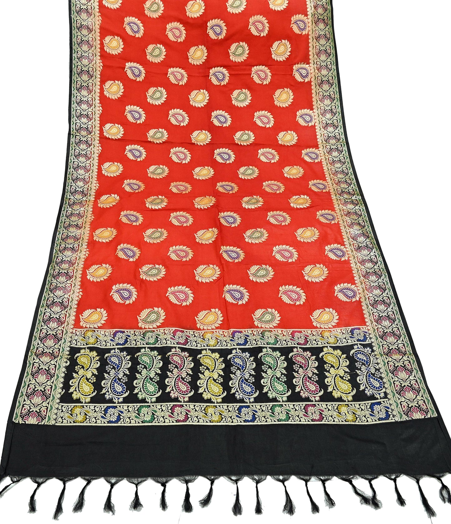 Indian Vintage Black & Red Dupatta Long Stole Art Silk Woven Brocade Scarves Veil Scarf Wrap Hippie Boho Soft Floral
