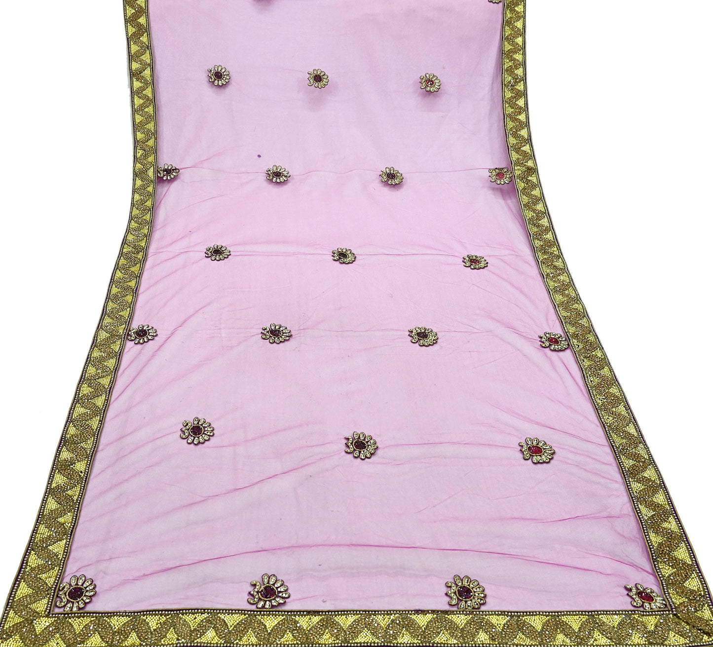 Indian Vintage Heavy Bridal Pink Dupatta Net Mesh Long Stole Hand Embroidered Scarves Golden Zardozi Dabka Zari Sequins Wedding Veil Hijab