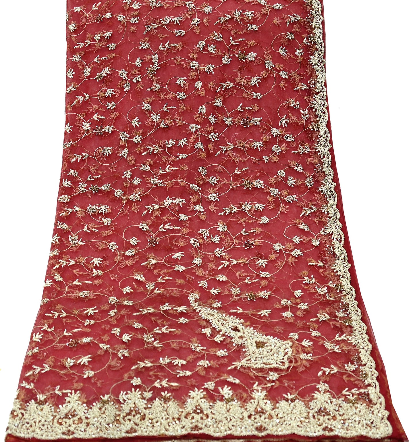 Indian Vintage Heavy Wedding Maroon Dupatta Net Mesh Long Stole Hand Embroidered Scarves Golden Zardozi Zari Sequins Dridal Veil Hijab