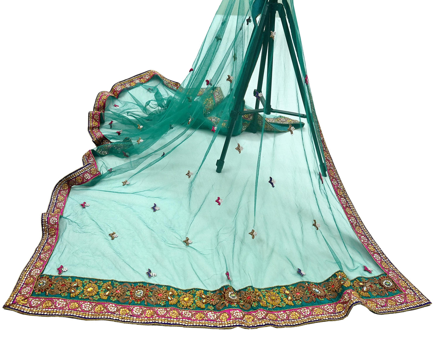 Indian Vintage Heavy Bridal Green Net Dupatta Hand Embroidered Zardozi Zari Sequins Stole Floral Design Hijab Veil Wedding/Party Wear
