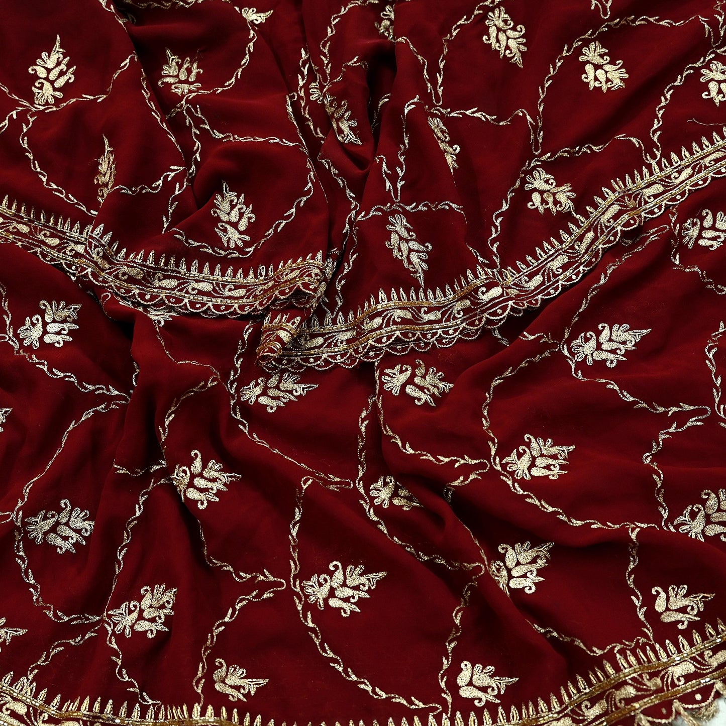 Indian Vintage Heavy Wedding Maroon Dupatta Georgette Long Stole Hand Embroidered Scarves Golden Zardozi Zari Stole Paisley