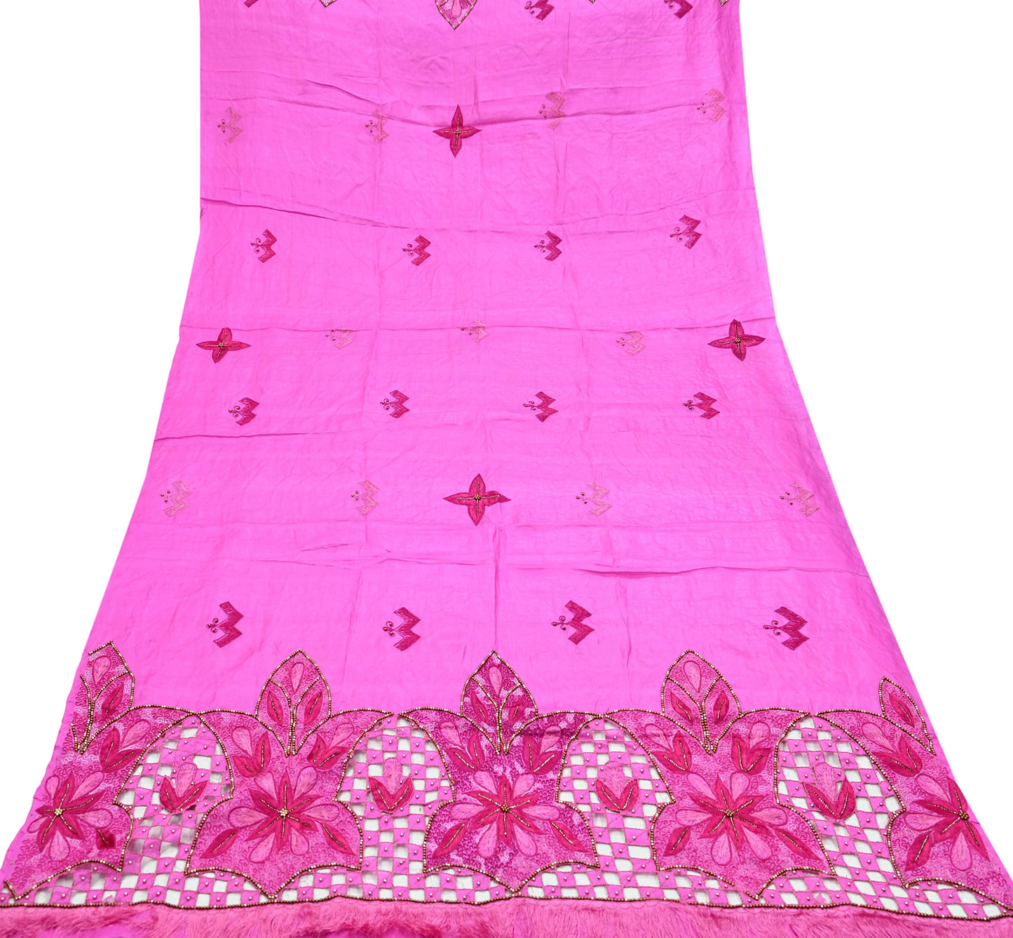 Indian Vintage Heavy Wedding Pink Dupatta Pure Silk Long Stole Hand Embroidered Scarves Zari Stole Fringes