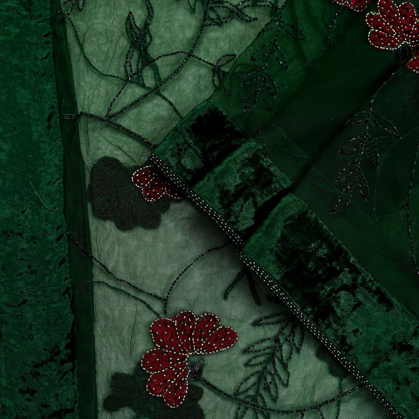 Indian Vintage Heavy Green Dupatta Net Mesh Long Stole Hand Embroidered Scarves Glass Beaded Sequins Hijab Veil wrap Boho