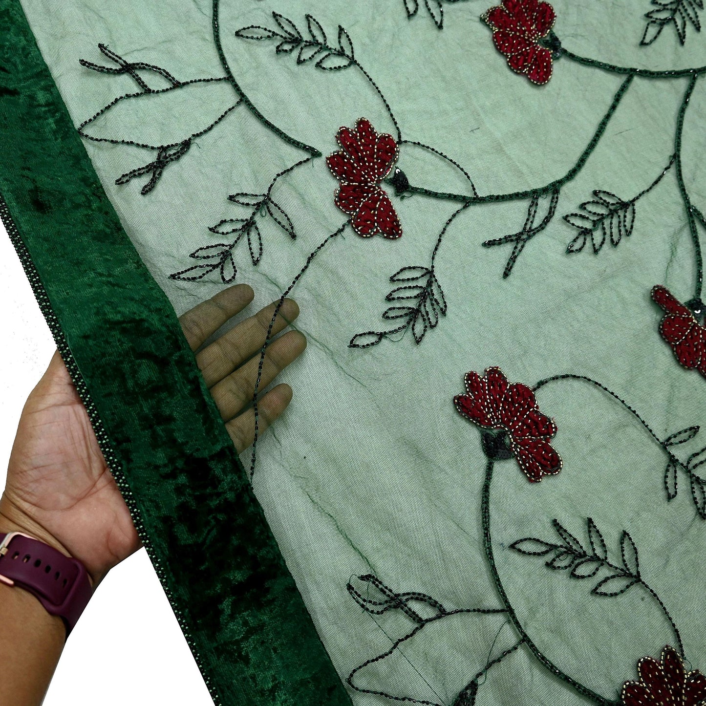 Indian Vintage Heavy Green Dupatta Net Mesh Long Stole Hand Embroidered Scarves Glass Beaded Sequins Hijab Veil wrap Boho