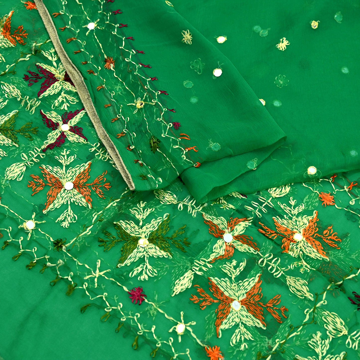 Indian Vintage Green Dupatta Long Stole Pure Chiffon Silk Hand Embroidered Bagh Phulkari Stole Scarves Golden lace