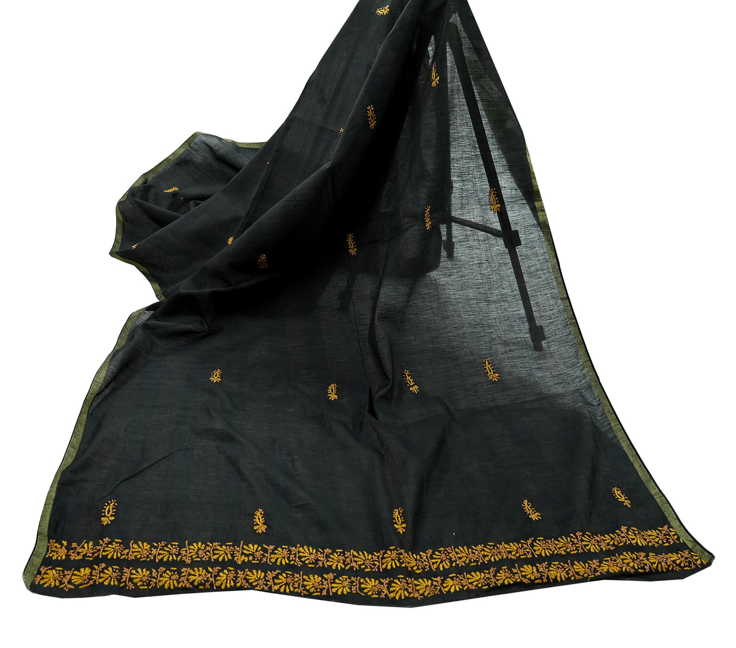 Indian Vintage Dupatta Black Long Stole Pure Chanderi silk Handmade Chikankari Scarves Veil Scarf Wrap Floral Design
