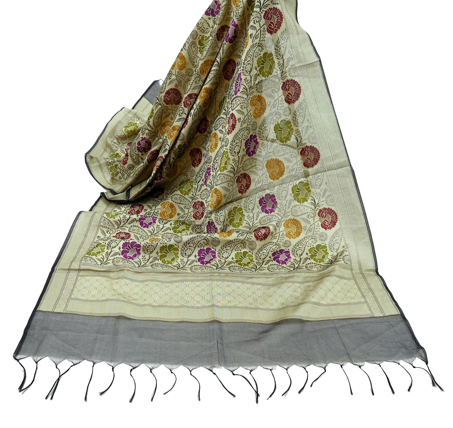 Indian Vintage Black Dupatta Long Stole Artificial Silk Woven Brocade Scarves Veil Scarf Wrap Hippie Boho Soft Floral Fringes
