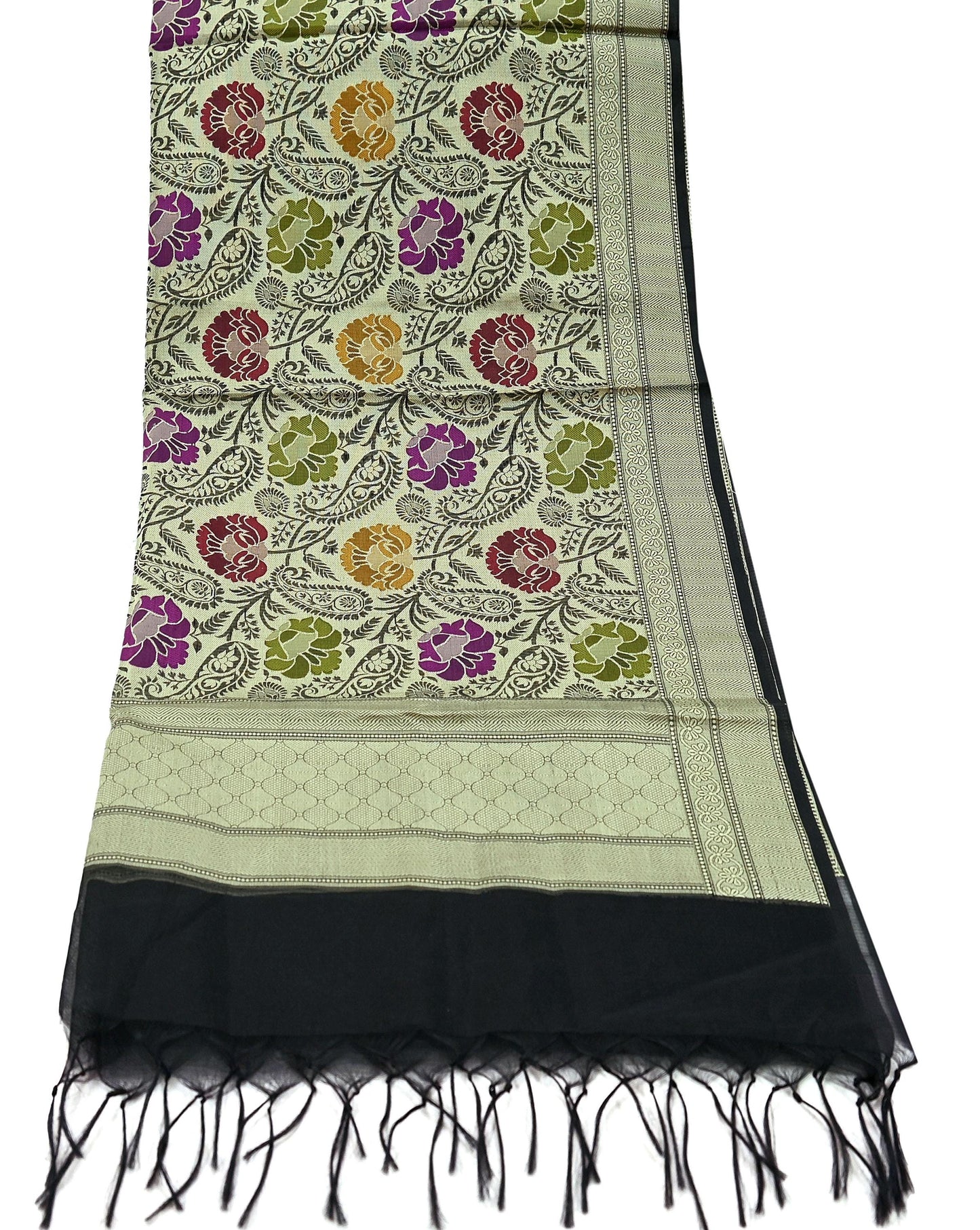 Indian Vintage Black Dupatta Long Stole Artificial Silk Woven Brocade Scarves Veil Scarf Wrap Hippie Boho Soft Floral Fringes