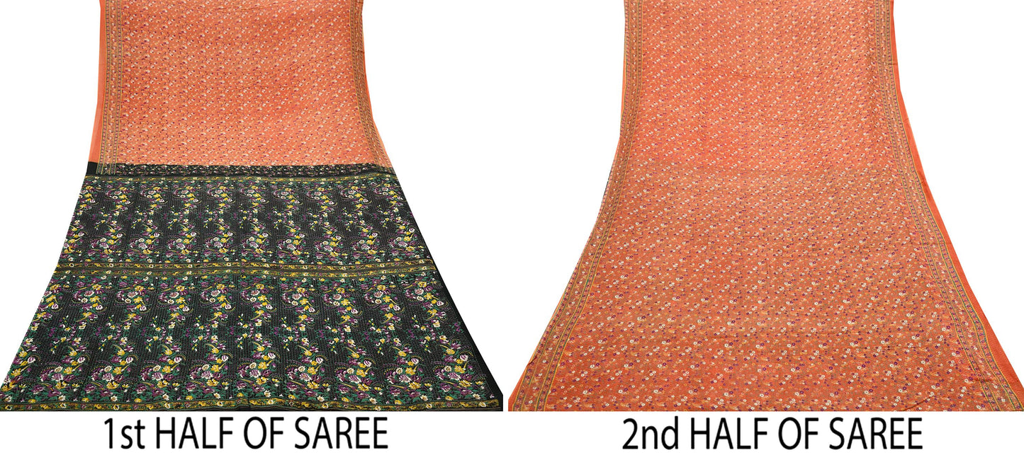 Indian Vintage Sari Orange & Black Printed Pure Cotton Sarees Fabric Floral 5Yd Sarong Wrap Boho Fabric Kimono Dress making Crafting