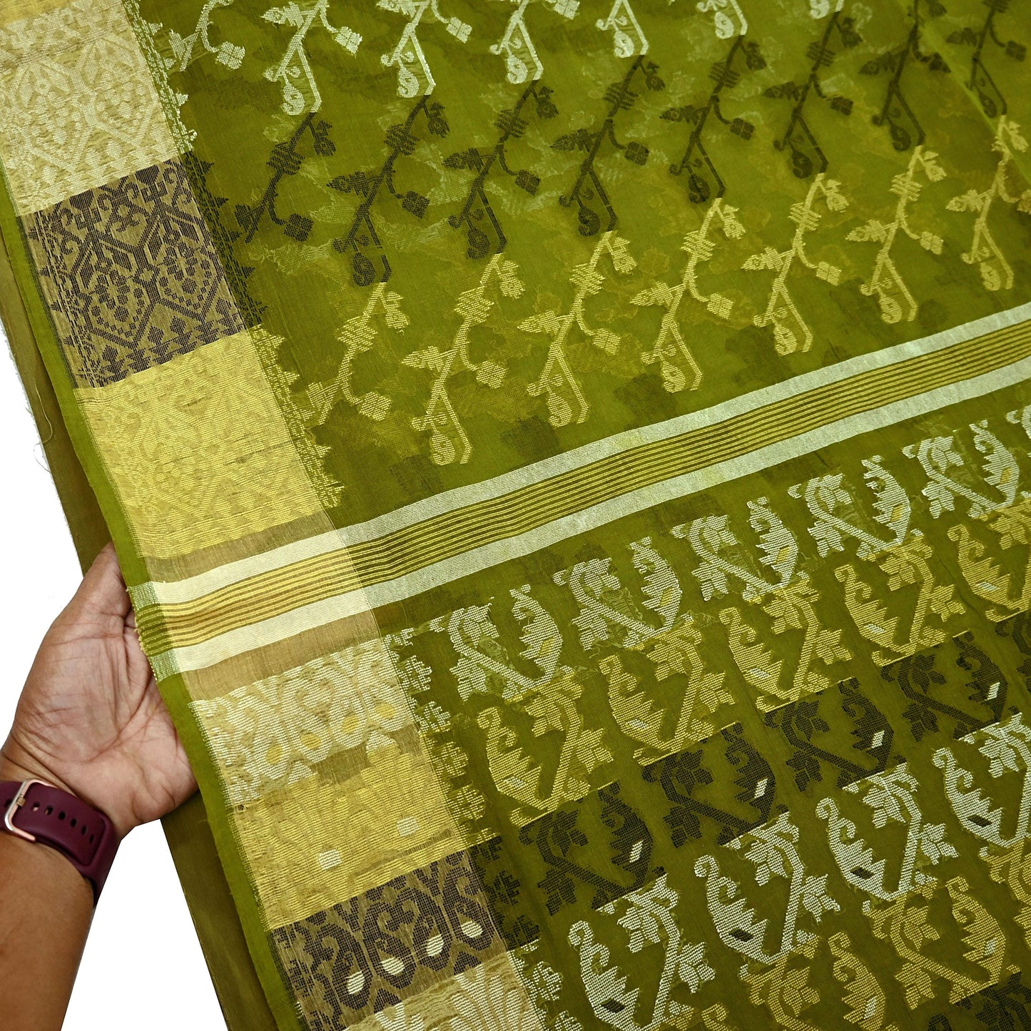 Indian Vintage Sarees Green Pure Cotton Hand Woven Jamdani Sari 5yd Ethnic Floral Craft Fabric Dress making Upcycle Crafting Quilting