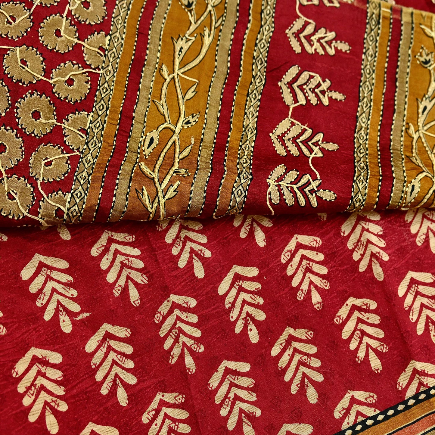 Indian Vintage Sari Red & Saffron Pure Silk Hand Embroidered Kantha Saree Fabric 5yard Sewing Floral Soft Sequins Dress making Crafting