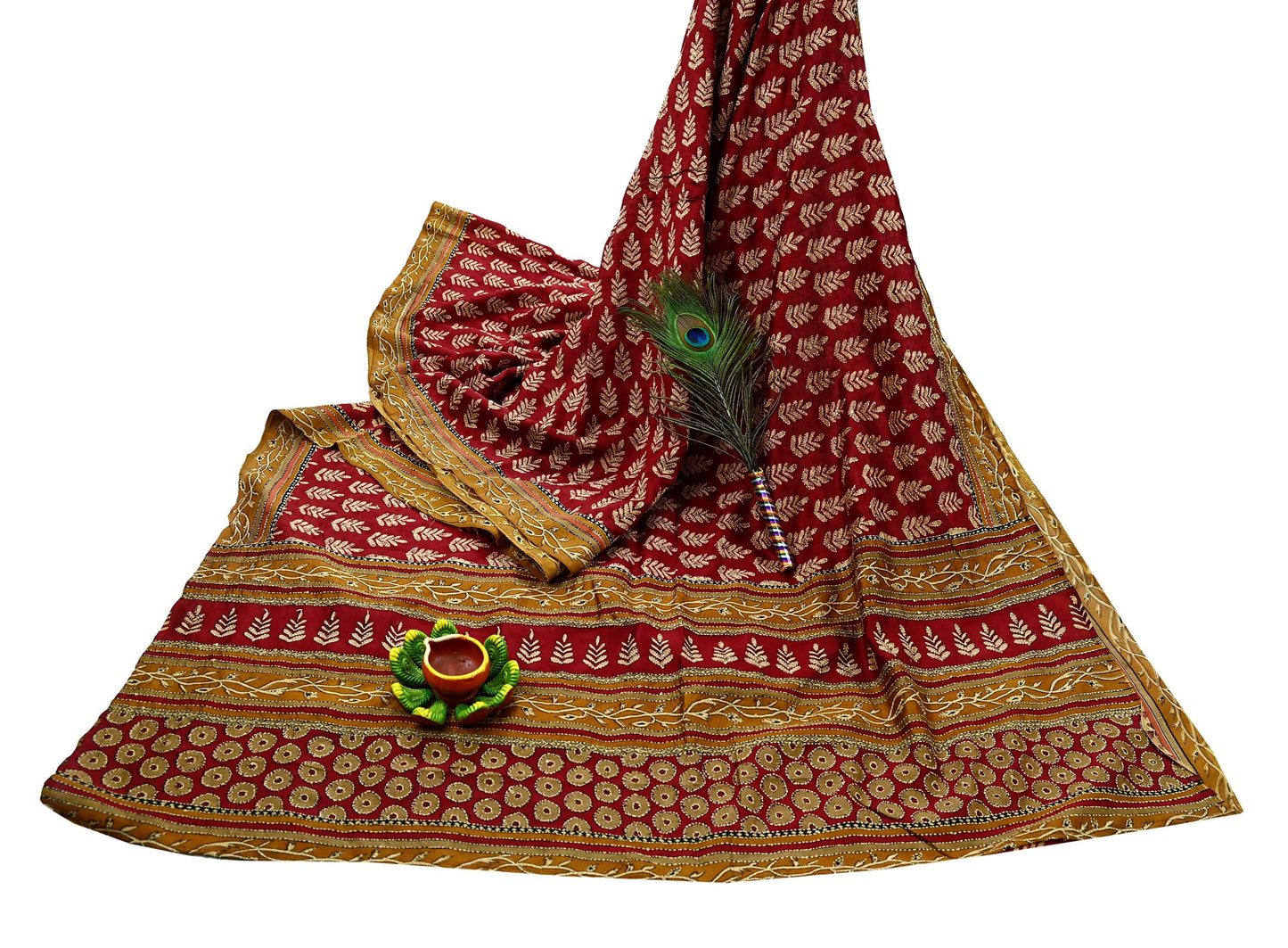 Indian Vintage Sari Red & Saffron Pure Silk Hand Embroidered Kantha Saree Fabric 5yard Sewing Floral Soft Sequins Dress making Crafting