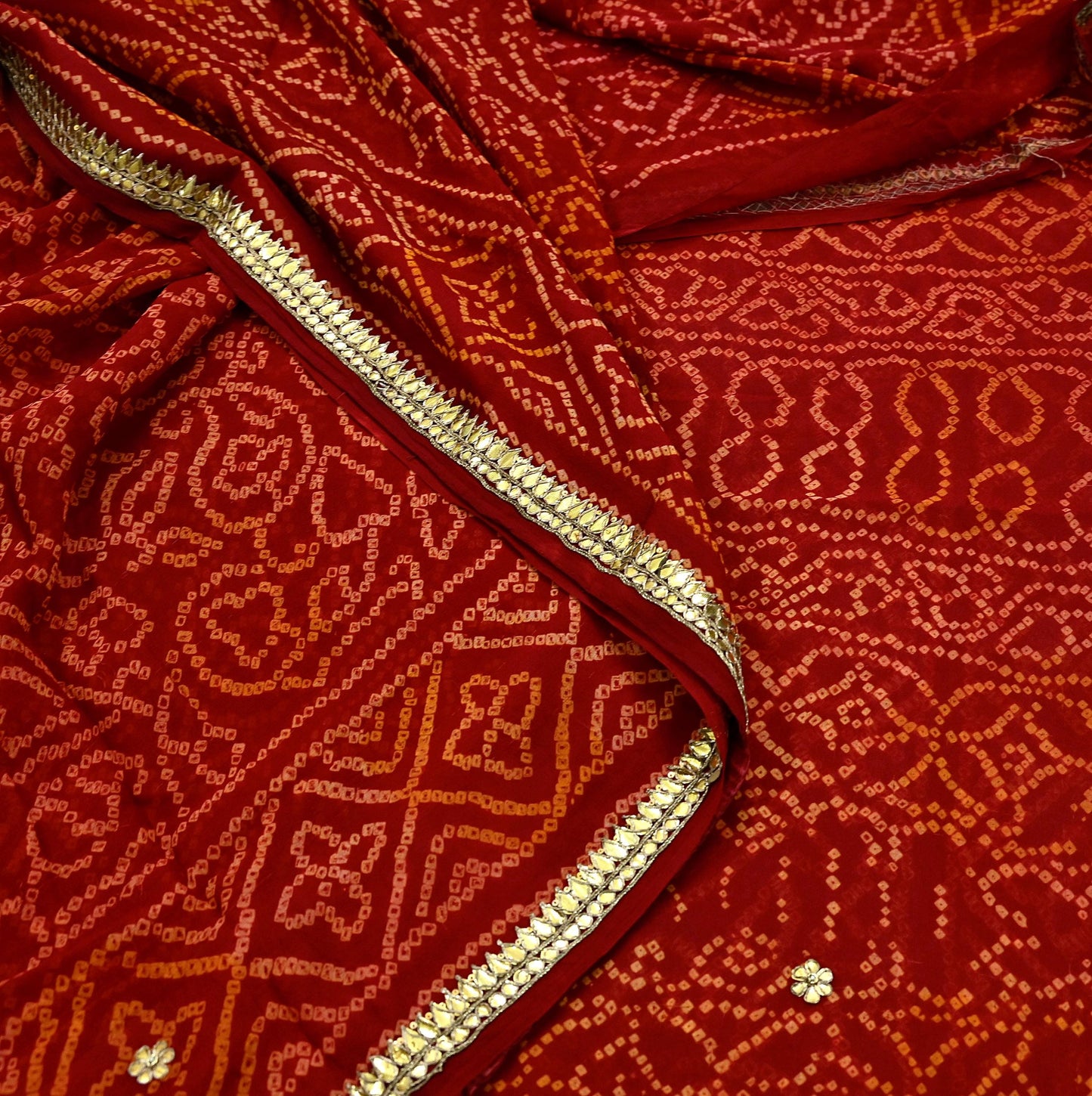 Indian Vintage Red Saree Pure Georgette Silk Hand Embroidered Bandhani Printed Sari Fabric 5yard Soft Zardozi Craft Fabric Soft Gota Patti