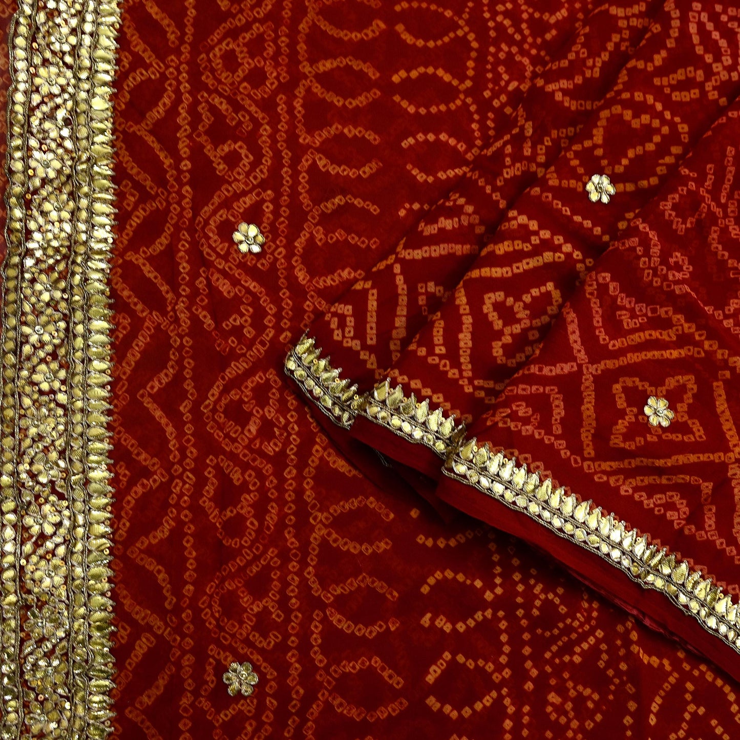 Indian Vintage Red Saree Pure Georgette Silk Hand Embroidered Bandhani Printed Sari Fabric 5yard Soft Zardozi Craft Fabric Soft Gota Patti