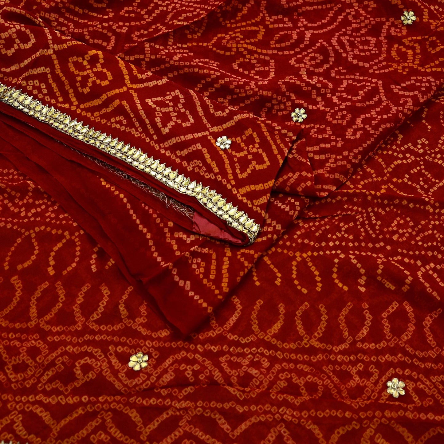 Indian Vintage Red Saree Pure Georgette Silk Hand Embroidered Bandhani Printed Sari Fabric 5yard Soft Zardozi Craft Fabric Soft Gota Patti