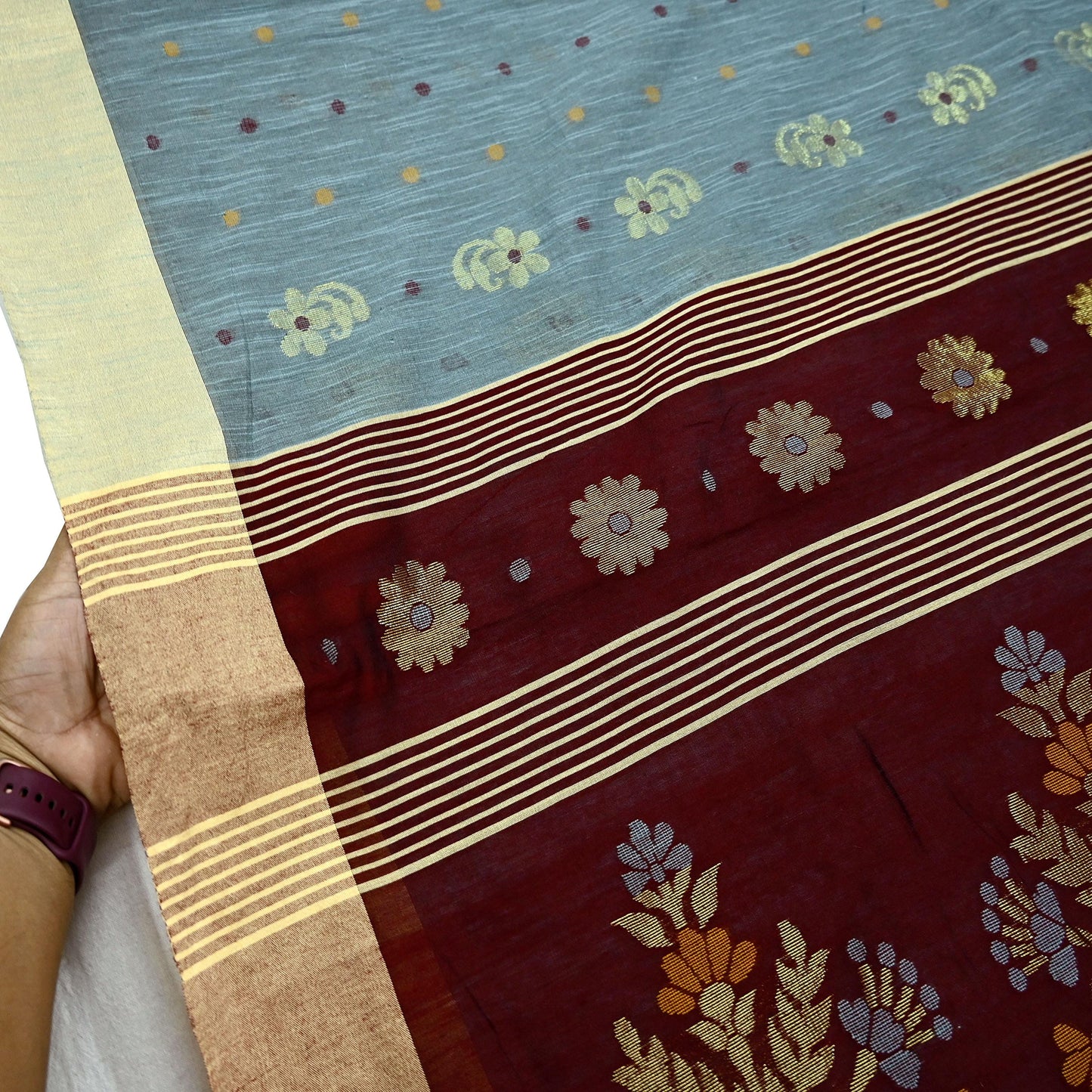 Indian Vintage Sari Gray & maroon Pure Cotton Hand Woven Sarees Craft Fabric 5yd Ethnic Crafting Upcycle Quilting Dress Making Fringes